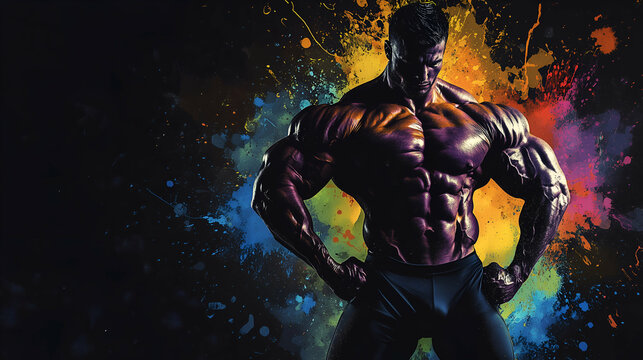 Muscular athlete posing with bright abstract paint splash on black background ideal for fitness posters and gym promotions