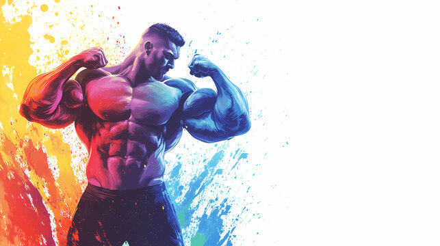 Illustration of a bodybuilder on a white background. A colorful splash of paint that gives dynamism. Big muscular man flexes his muscles. Advertising banner with lots of copy space.