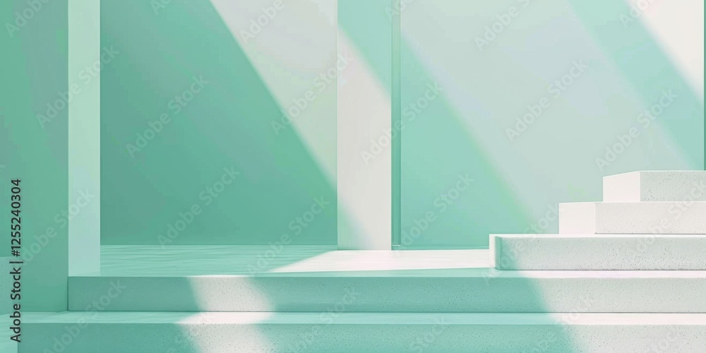 Poster a minimalist design with a light turquoise background, geometric forms and soft tones, modern minima