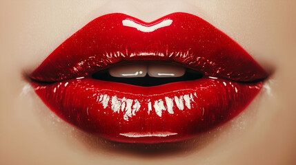 Obraz premium Close-up of full, partially open lips painted with red lipstick