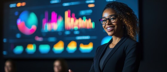 Business presentation featuring a confident woman in front of data analytics on screen, discussing strategies with colleagues in a modern office environment.