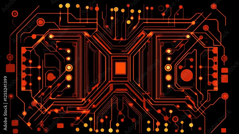 Poster Abstract Circuit Board Design, glowing red wires, futuristic pattern