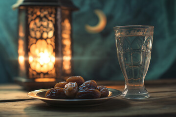 Plump glossy dates and water on an elegant wooden table for Iftar