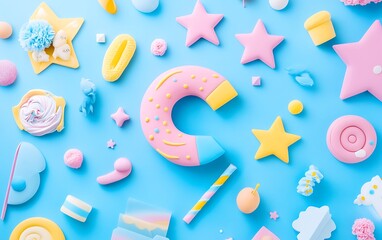 Pastel colored sweet treats and toys on a blue background. Potential use Kid's party or sweet treats advertisement