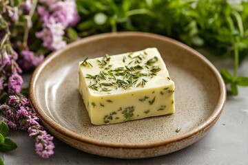 A rich block of butter infused with herbs, surrounded by fresh greens and delicate purple flowers
