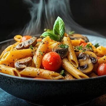 Hot arrabbiata penne pasta with Italian seasoning topped with cherry tomatoes and mushrooms in a bowl, smoke from hot pasta. Make the background clean and sophisticated with vibrant energetic feel. 