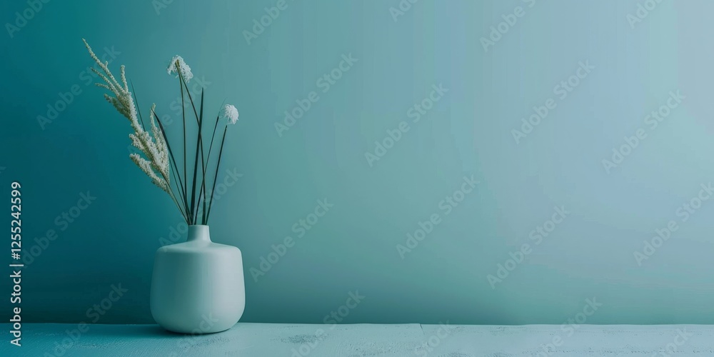 Poster a minimalist design with a muted teal background, simple textures and clean forms, contemporary mini