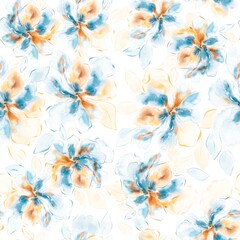 Floral seamless pattern. Background with abstract watercolor flowers. Blue and yelow loose flowers ornament.