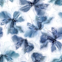 Seamless floral background. Watercolor flowers pattern. Fabric ornament with blue flowers.