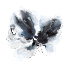 Black watercolor flower painting. Floral wedding invitation design element. Floral wall art.