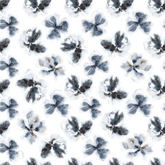 Seamless floral background. Watercolor flowers pattern. Fabric ornamrnt with black flowers.