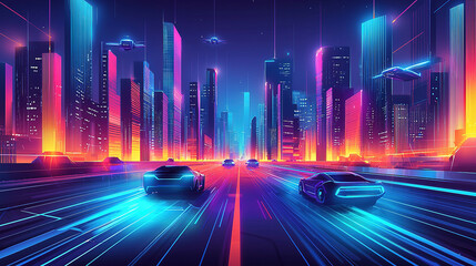 Futuristic cars speeding through neon city at night