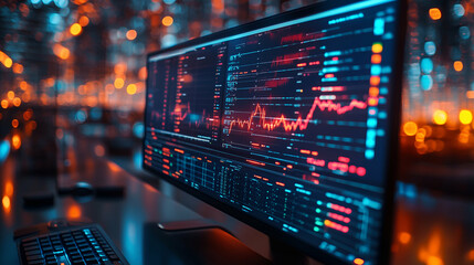 Obraz premium Computer monitor displaying an abstract network monitoring dashboard with real-time data analytics, graphs, and system health indicators.