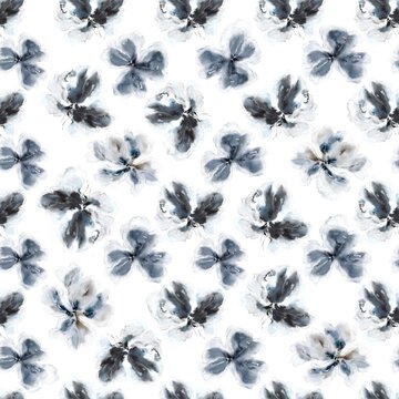 Seamless floral background. Watercolor flowers pattern. Fabric ornamrnt with black flowers.
