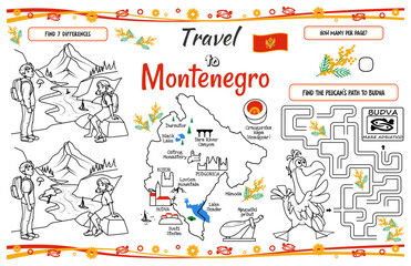 A fun placemat for kids. Printable “Travel to Montenegro” activity sheet with a labyrinth and find the differences. 17x11 inch printable vector file