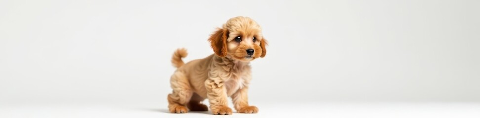 Miniature toy poodle, rich golden brown fur, pristine white backdrop, white, isolated