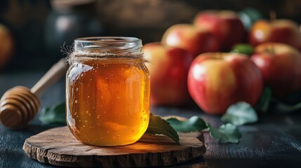 rosh hashanah traditional symbols honey in a glass jar and fresh apples on a white background
