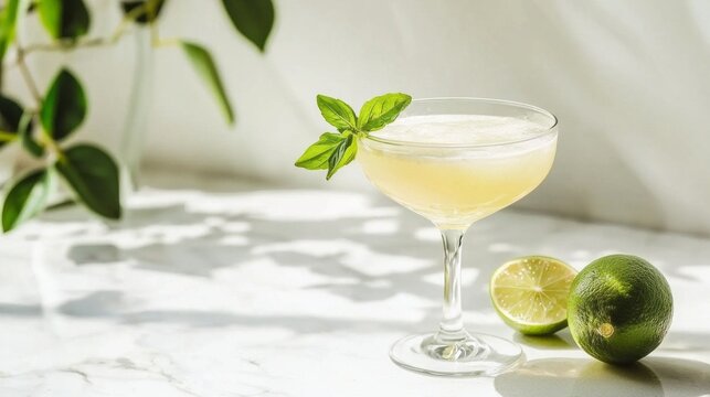 A vibrant daiquiri cocktail sits elegantly in a delicate glass, adorned with a fresh mint sprig. Juicy limes rest nearby, adding a touch of zest and color to the inviting tableau
