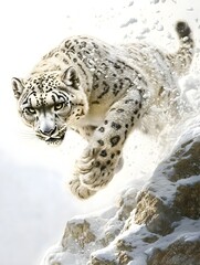Fototapeta premium A snow leopard leaping from one rock to another, its thick fur covered in tiny ice crystals.