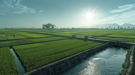 Naklejka premium A field of green grass with a river running through it