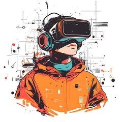 Person wearing VR headset, futuristic style, digital art, abstract background, possible use for technology, gaming