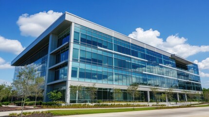 Modern Architecture Office Building with Glass Facade and Blue Sky View