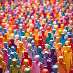 Obraz premium Close-up of a crowd of small colored paper figures of people
