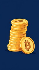 Stack of coins with a bitcoin on top and illustrations of cryptographic tokens in a vector graphic design