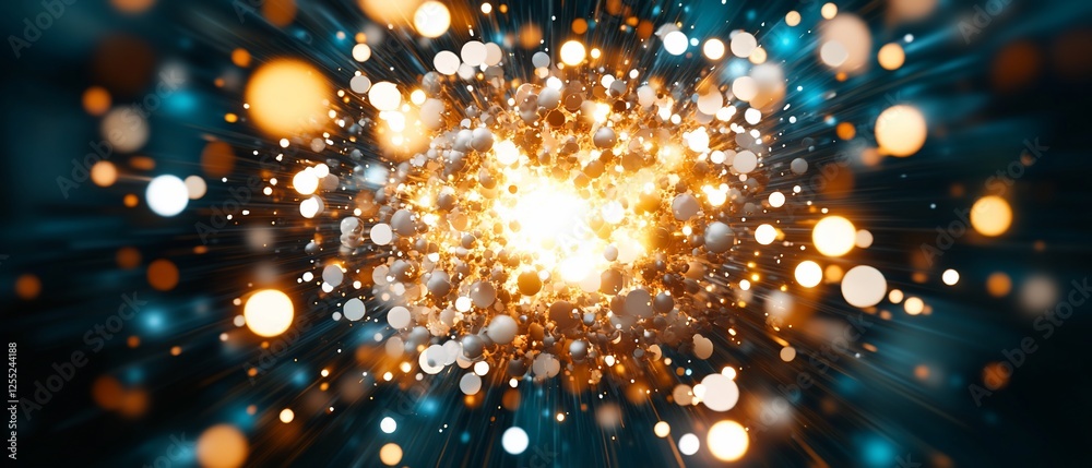 Fototapete abstract golden and teal light burst explosion background with shiny particles perfect for technolog