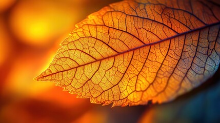 Obraz premium Autumn leaf backlit, sunset bokeh, nature detail