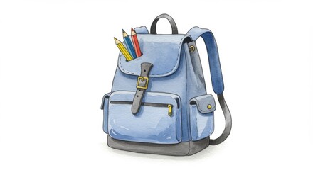 Naklejka premium Watercolor backpack with pencils: hand-drawn school bag art for education and creativity