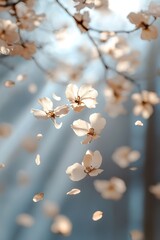 Golden petals drift softly through the air as spring sunlight filters down from tall trees. This tranquil moment captures the beauty of nature in a peaceful setting