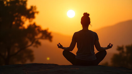 silhouette of a woman meditating on sunset