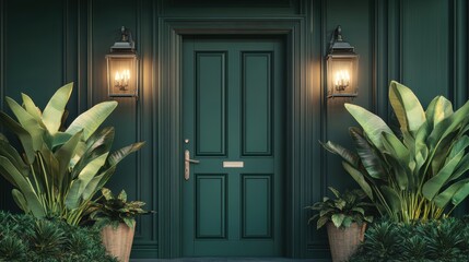 Green front door with elegant lanterns, surrounded by vibrant plants, creating a welcoming entrance to a modern home or garden in an urban setting.