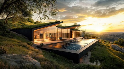 Modern hillside house with an infinity pool, large glass windows, and sunset view for a luxurious living experience