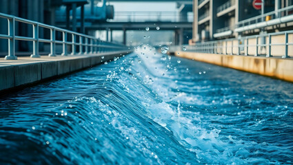 Clear blue water flowing through a water treatment facility surrounded by industrial buildings and nature in daylight