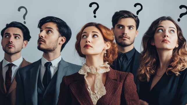 Group of diverse professionals looking upwards with question marks, representing uncertainty, confusion, and brainstorming in a corporate environment. - Powered by Adobe