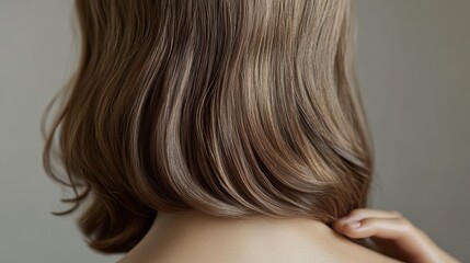 Fototapeta premium Hairstyle, woman with medium-length wavy hair in soft tones, showcasing beauty trends and hair care techniques for modern aesthetics and fashion inspiration.