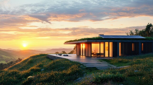 Modern hillside house with a flat roof, large glass windows, and integration with the landscape at sunset