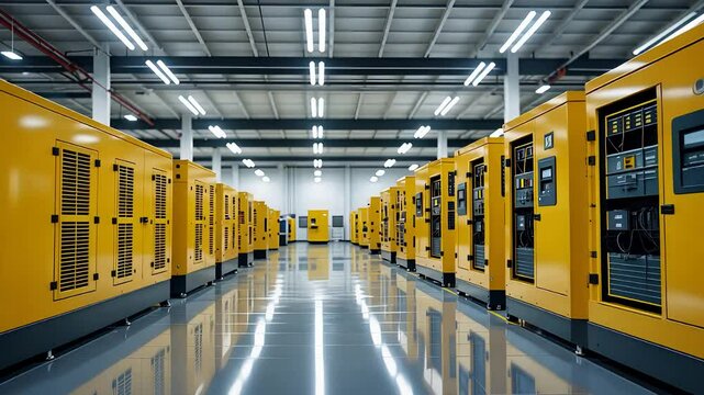 Industrial Backup Power Generator Room with Yellow Emergency Power Units in a High-Tech Facility for Energy Supply

