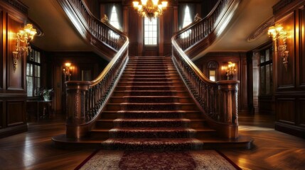 A vintage-style luxury staircase with dark mahogany wood, elegant carpets, and antique wall sconces.