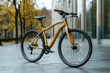 Fototapeta premium Eco-friendly bamboo bicycle parked on city pavement, showcasing sustainable urban transport.
