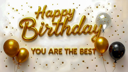 Elegant Gold and Black Birthday Celebration with Balloons, Stars and Shiny Golden Text for Special Occasions and Joyful Moments