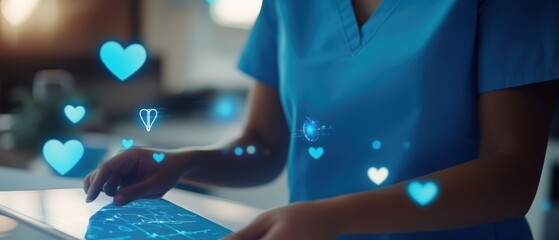 Healthcare professional using a tablet with digital heart icons, exploring patient data and monitoring health advances, technology in medical practice and care.