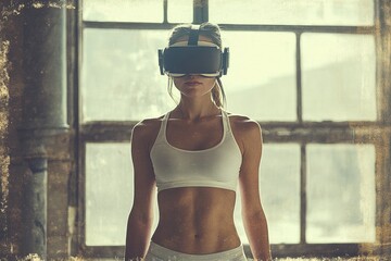 A fit woman in sportswear uses a VR headset in a grunge setting.