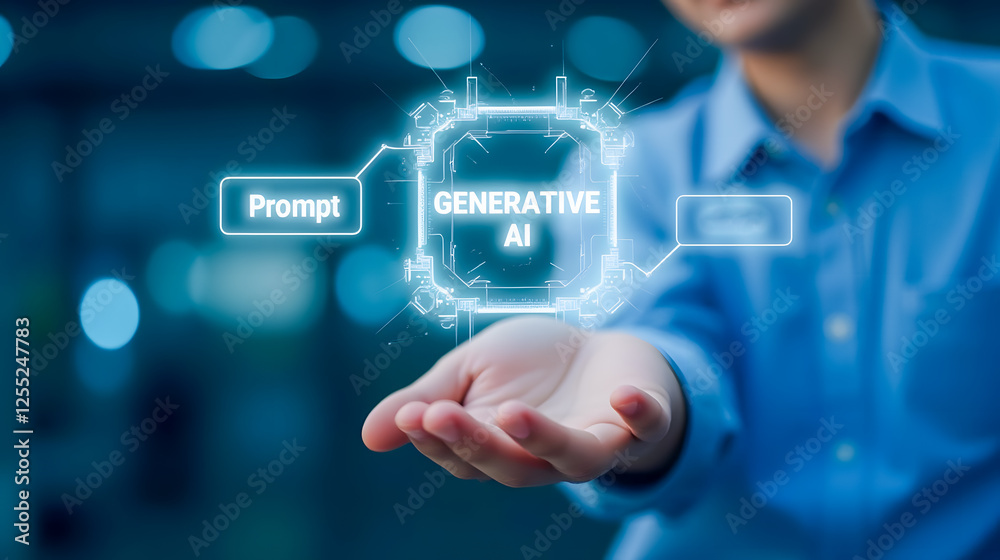 Poster individual holding ai interface displaying prompt and generative ai symbol in modern digital technol