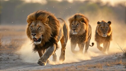 three lions sprinting through the savannah in a dramatic wildlife action shot  © Synthetic Aesthetics