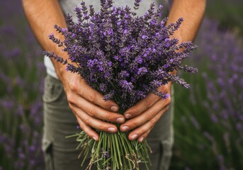 Man holding lavender bouquet in field: nature, freshness, serenity