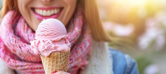 Happy Woman Enjoying Strawberry Ice Cream in a Park on a Sunny Day with Blurred Background