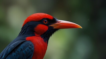 Fototapeta premium Striking Close-Up of a Colorful Bird: Vibrant Red and Black Plumage Showcasing Nature's Beauty